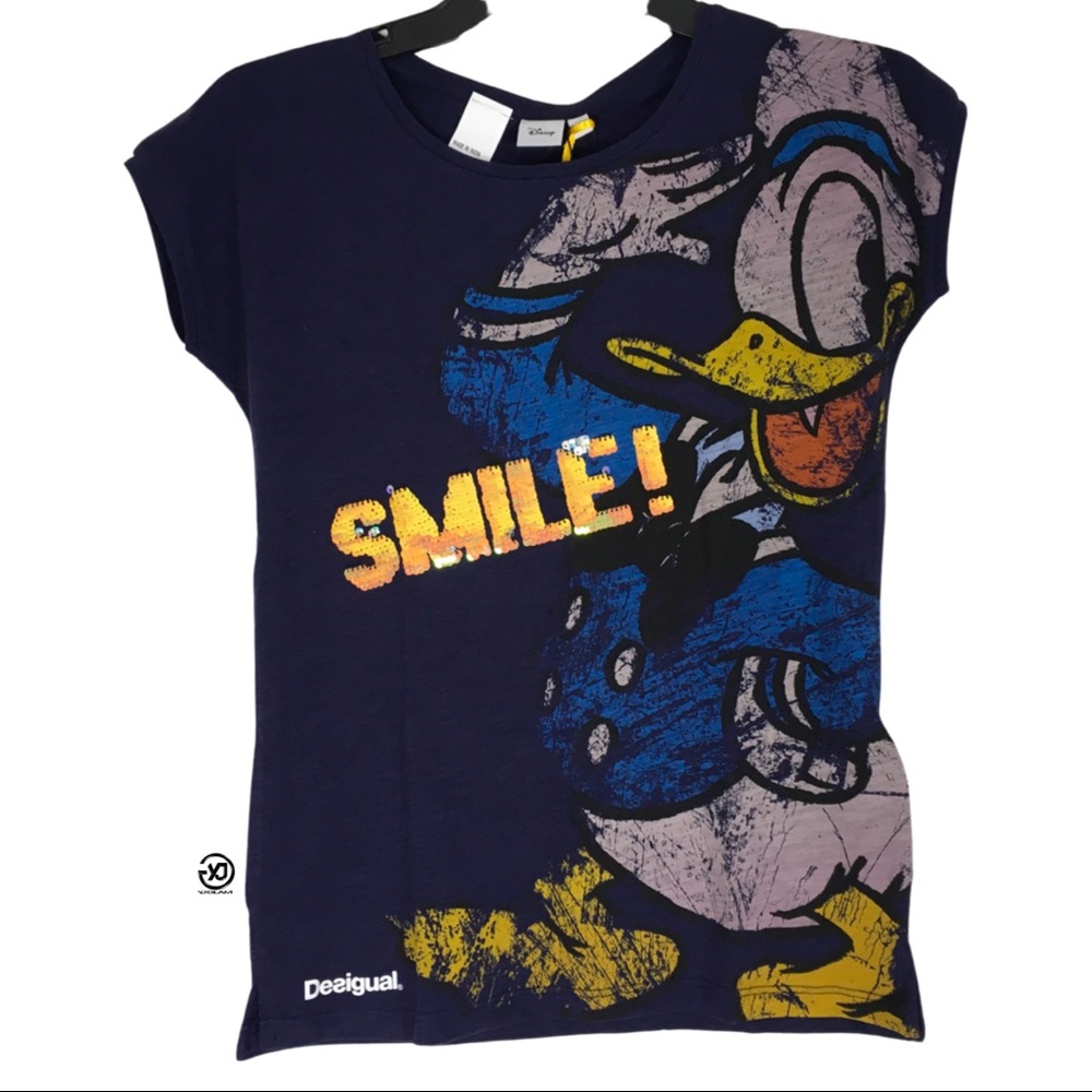 New Desigual Girl's T-Shirt Disney Print Duck Donald Sequins Smile Details